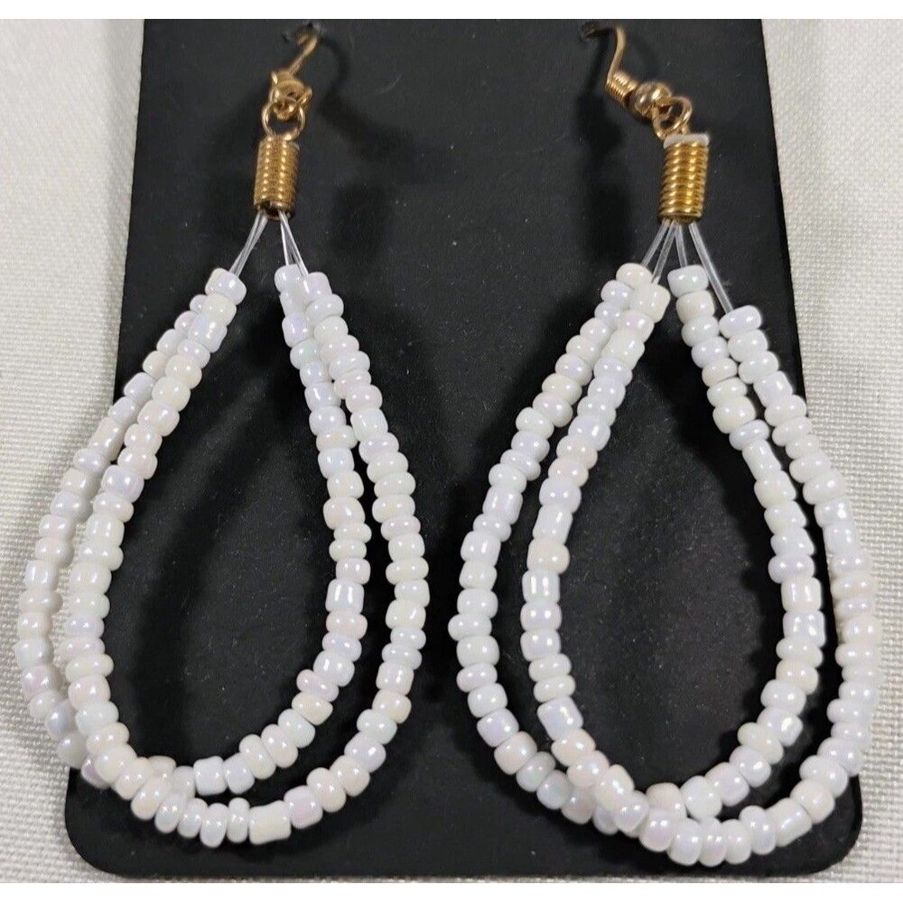 White Glass Seed Bead Double Hoop Pierced Earrings Handcrafted Dangle Hippie